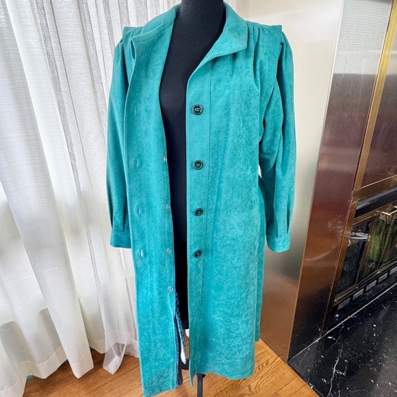 Vintage 80s suede coat, teal, removable quilted liner, tie belt, 8/10 (M/L) - Picture 10 of 13